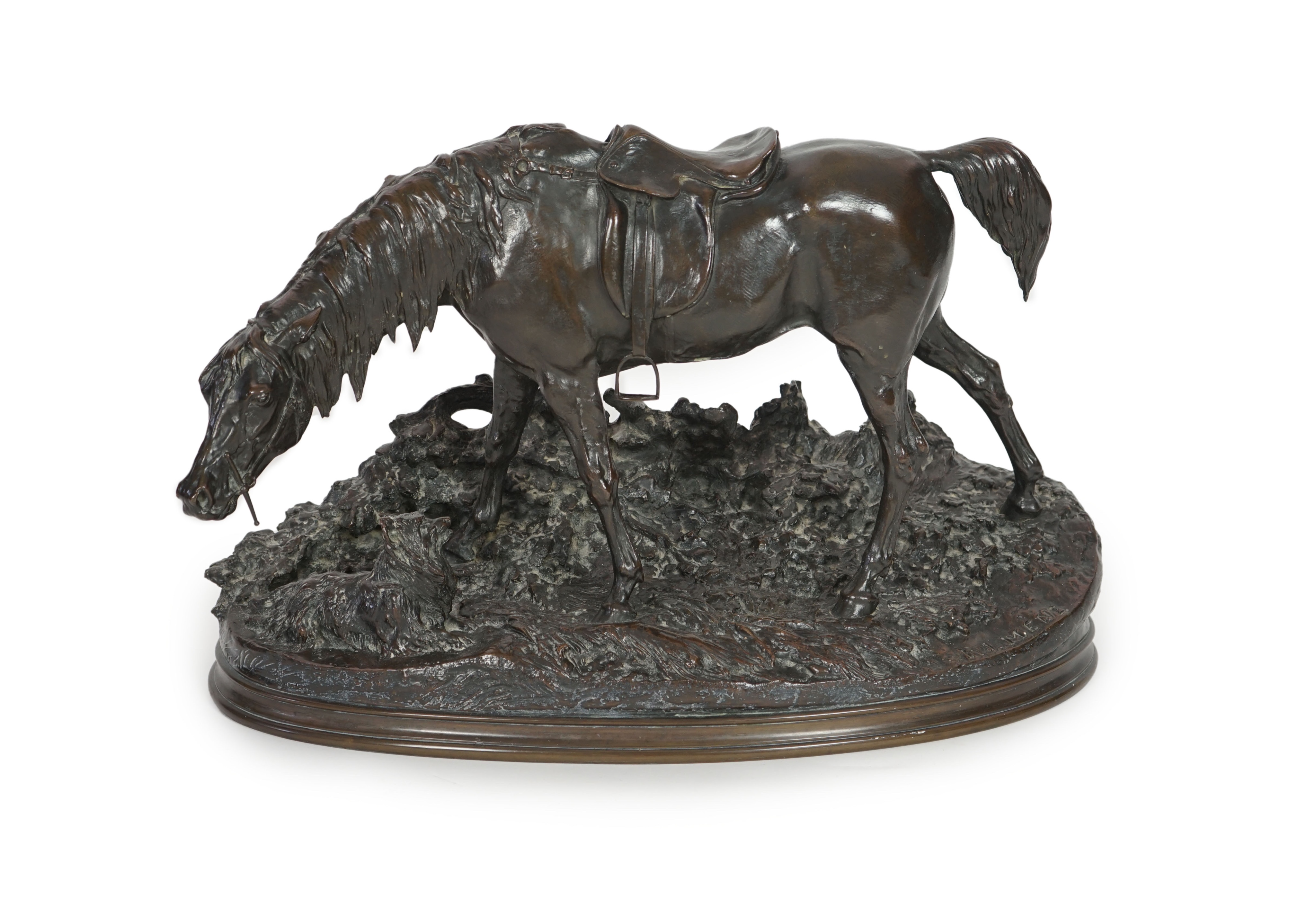 Pierre Jules Mène (French, 1810-1879). A bronze group of a saddled horse standing upon a mound with a terrier at its feet, width 69cm, height 43cm